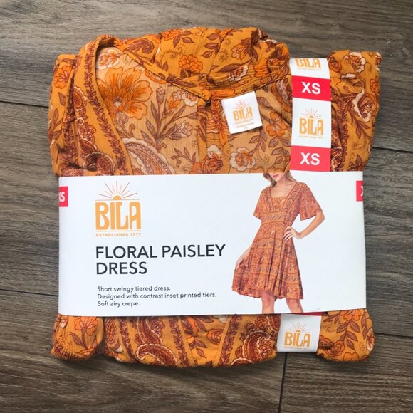 Bila Floral Paisley Short‎ Tiered Dress Women's XS Boho Relaxed Fit Marigold NEW - Picture 9 of 10